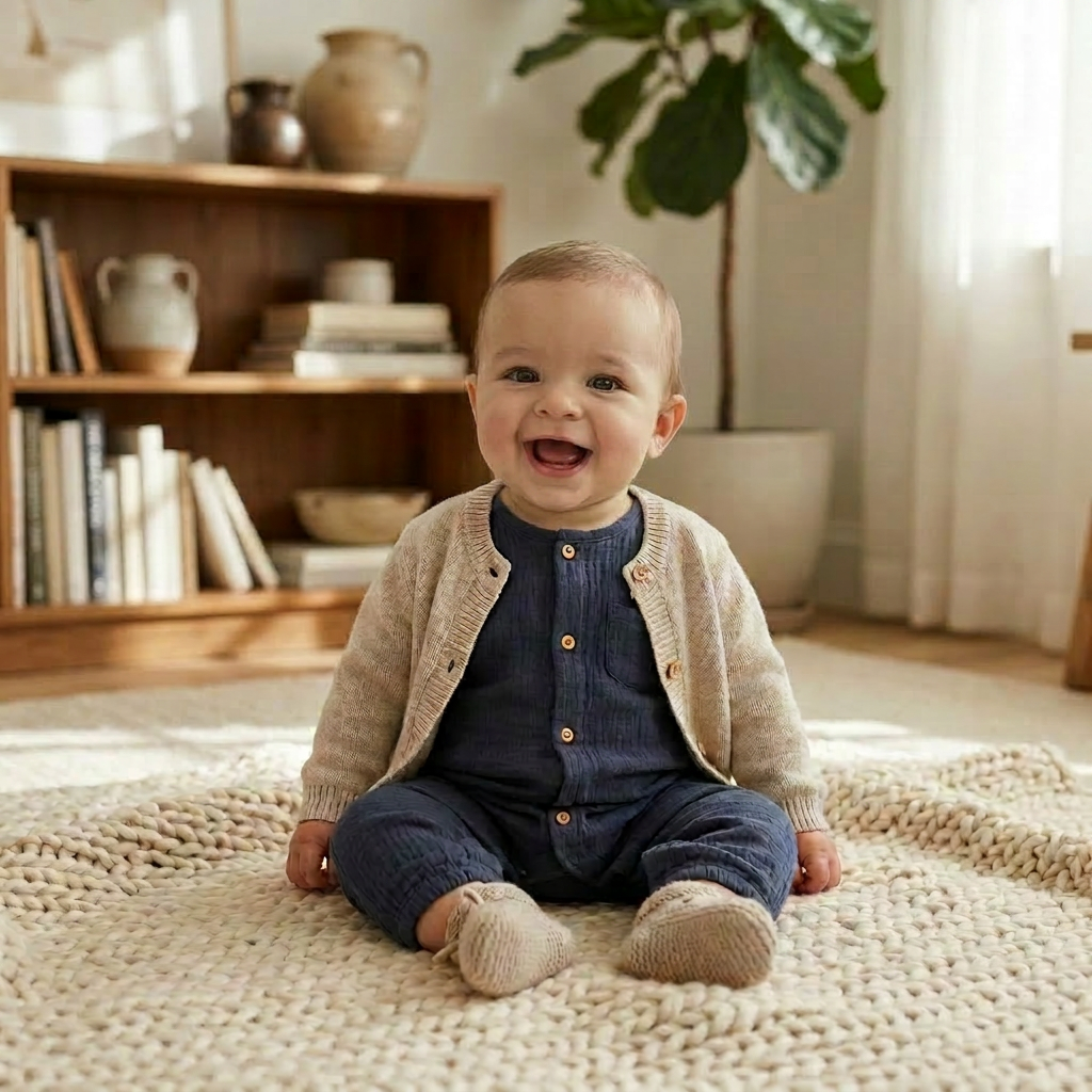 Baby boy modeling neutral baby fall clothes, wearing the navy infant jumpsuit effortlessly layered under a cozy beige knit cardigan.