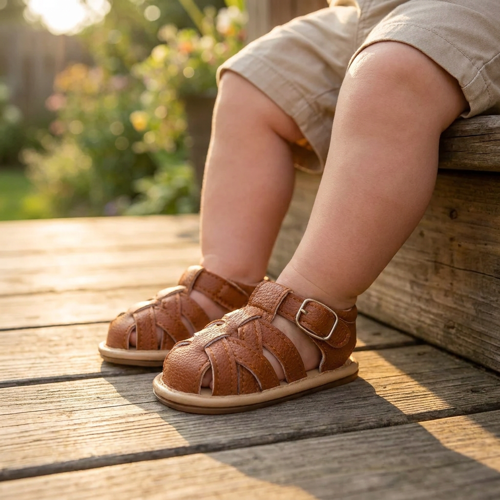 Brown closed-toe baby fisherman sandals worn on a baby boy outdoors on a wooden step.