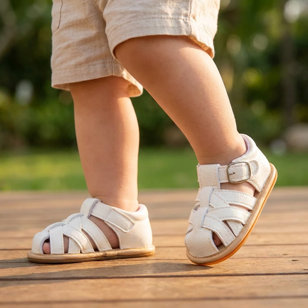 White closed-toe infant first walker sandals on a baby boy's feet.