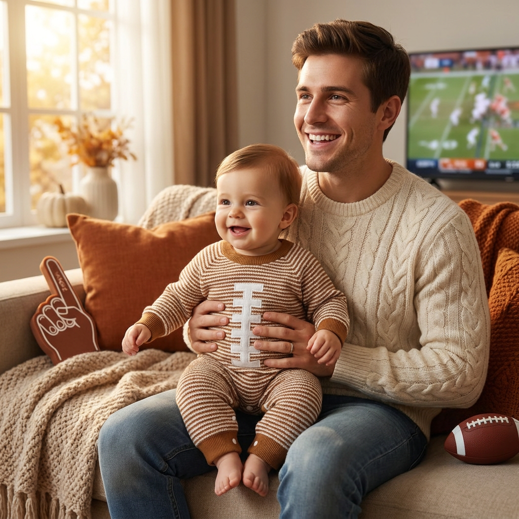 Happy baby boy wearing the long sleeve striped football romper sitting on a couch with his dad watching a game.