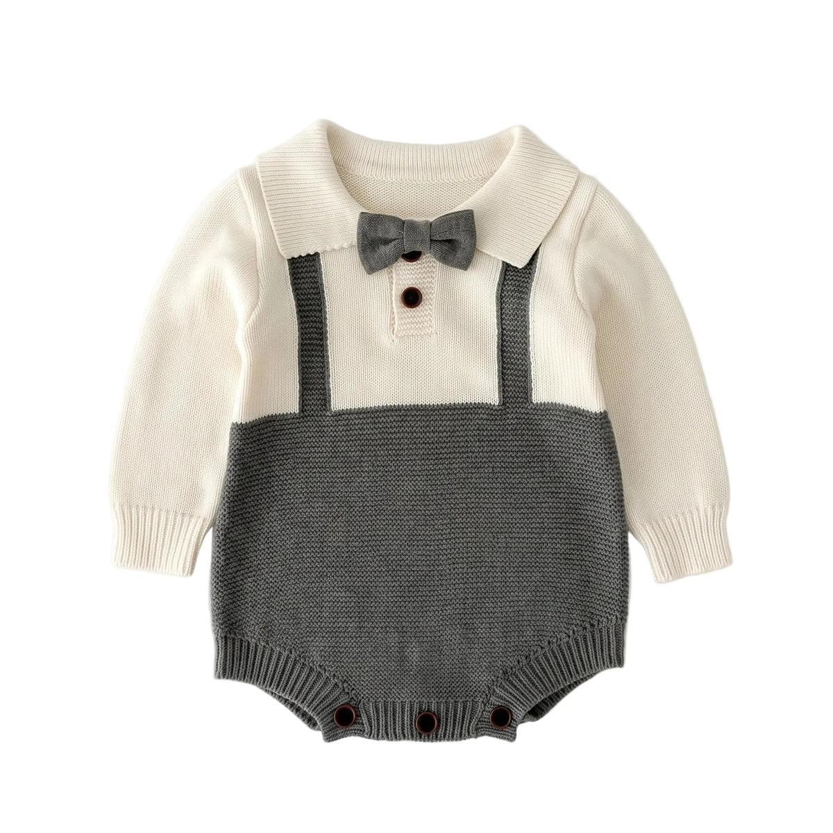 Flat lay of a baby boy formal knit romper featuring a cream top, gray faux suspenders, peter pan collar, and an attached bow tie.