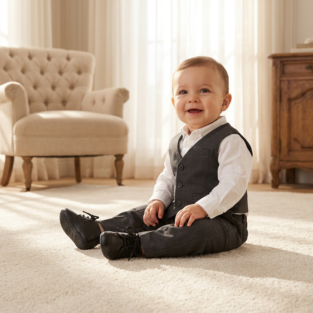 A happy baby boy sitting on a rug wearing a grey formal vest and trousers suit with matching black Kidsely smooth oxford dress shoes.