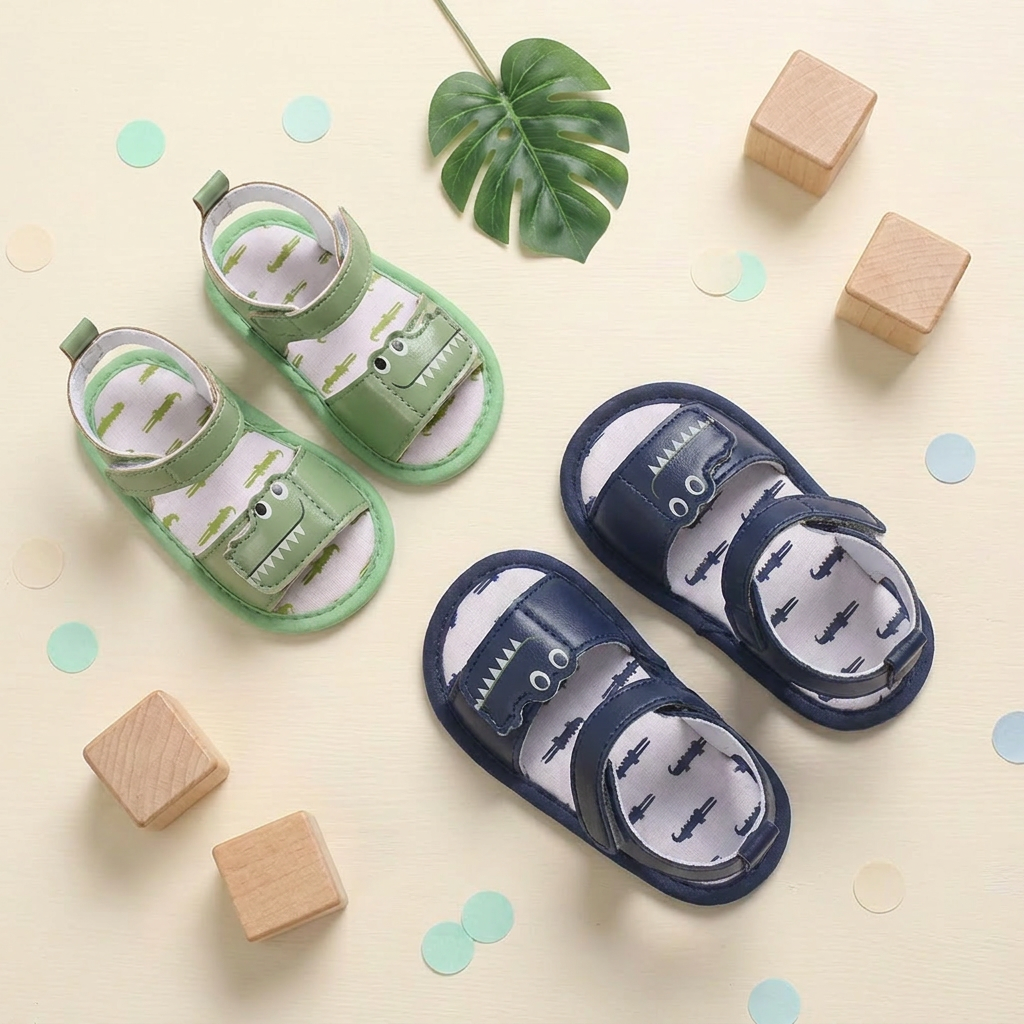 Baby boy fator soft sole sandals in navy blue and green gator deisgn in a stylized flat lay