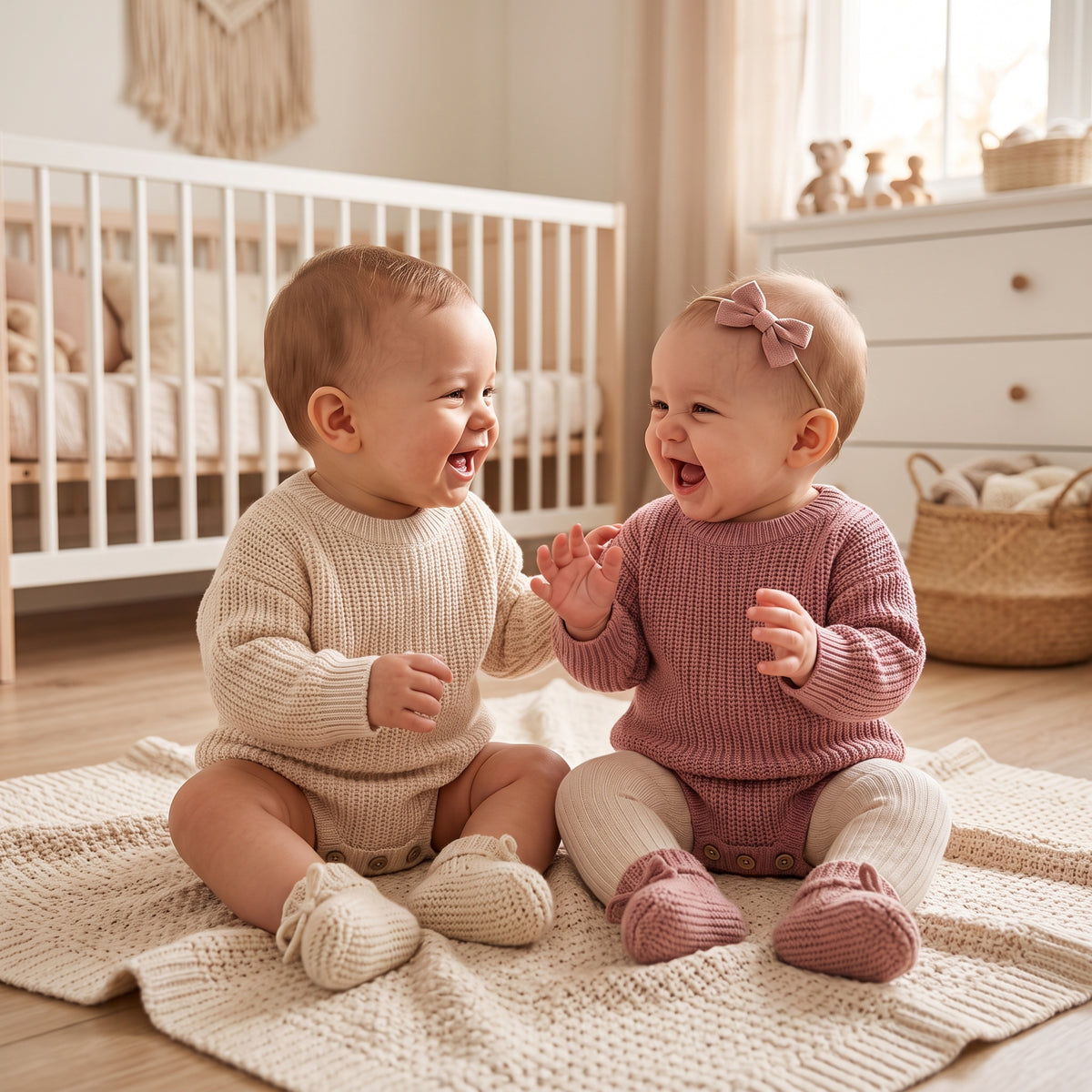 Two babies playing together wearing soft ribbed cotton blend knit sweater bodysuits in cream and dusty rose.