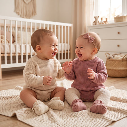 Two babies playing together wearing soft ribbed cotton blend knit sweater bodysuits in cream and dusty rose.
