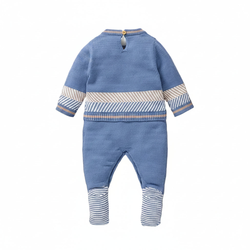 Studio back view of the one-piece kidsely baby boy knit jumpsuit showing the single-button collar fastening.