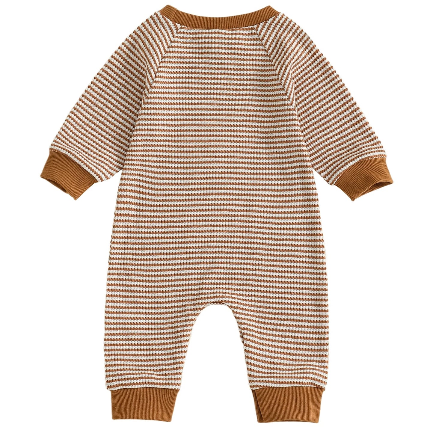 Back view of the baby boy long sleeve brown and white striped football romper jumpsuit.