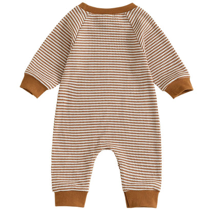 Back view of the baby boy long sleeve brown and white striped football romper jumpsuit.