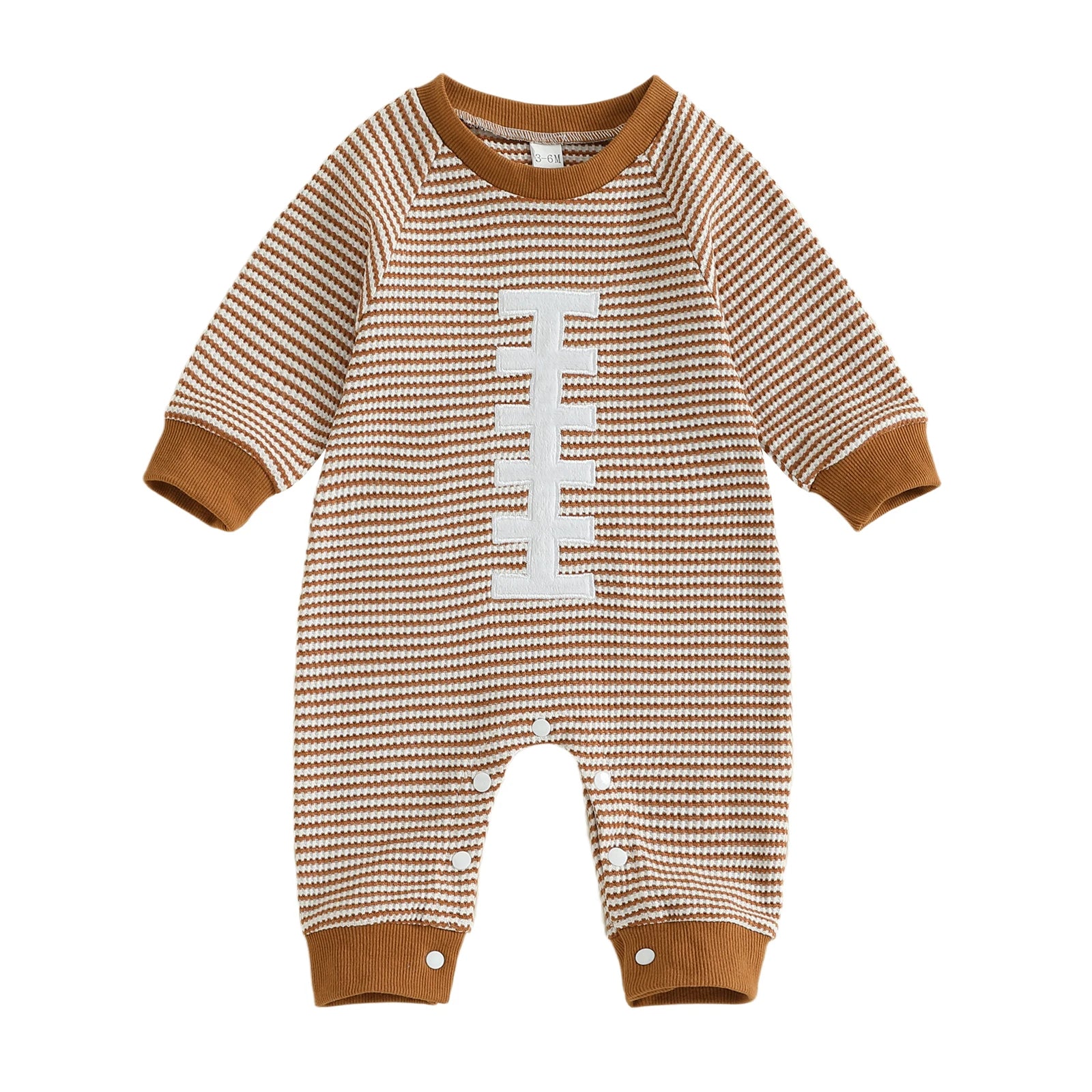 Front view of the baby boy long sleeve striped football romper jumpsuit with white laces detail on a white background.