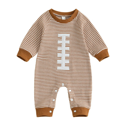 Front view of the baby boy long sleeve striped football romper jumpsuit with white laces detail on a white background.