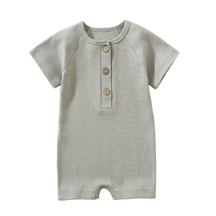 Light grey heather mist infant romper with short sleeves and ribbed cotton texture.