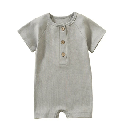 Light grey heather mist infant romper with short sleeves and ribbed cotton texture.