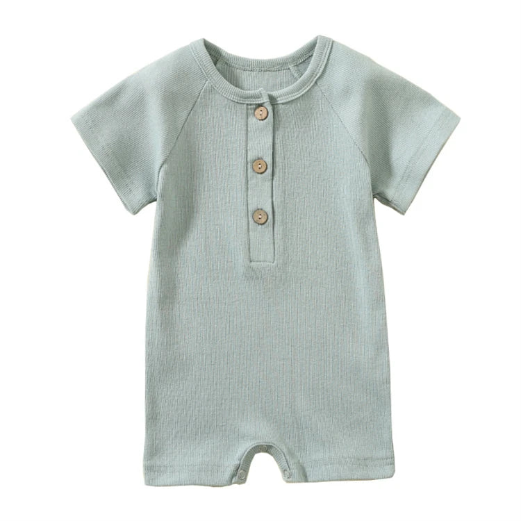 Muted aqua seafoam glass ribbed knit romper for baby boys with three-button henley front.