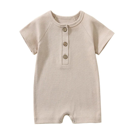 Oatmeal beige toasted almond baby boy romper, perfect for a neutral baby shower gift.