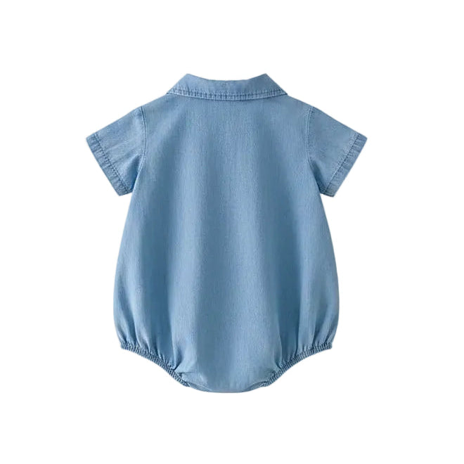 Back view of the light blue short-sleeve baby romper showing the clean silhouette and high-quality stitching.