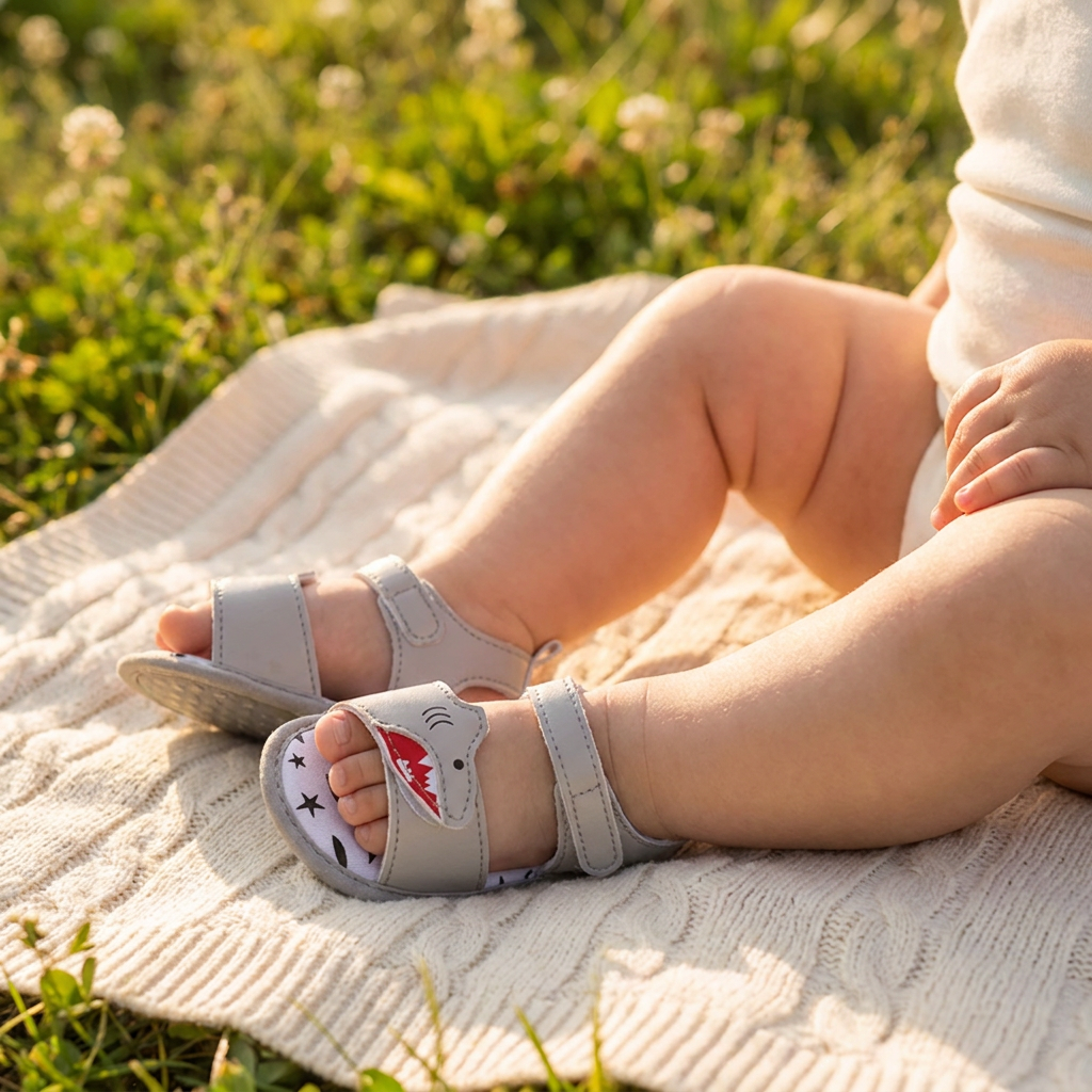 Close up of a baby's feet sitting on a white knit blanket outdoors, wearing grey soft sole first walker shark sandals.