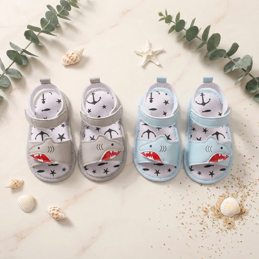 Flat lay display of grey and light blue baby boy shark sandals surrounded by seashells, sand, and eucalyptus leaves on a marble surface.