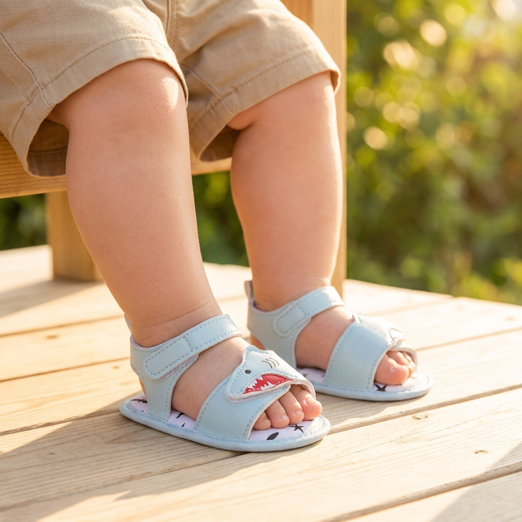 Toddler's feet standing on a wooden deck outdoors wearing light blue infant boy shark sandals.
