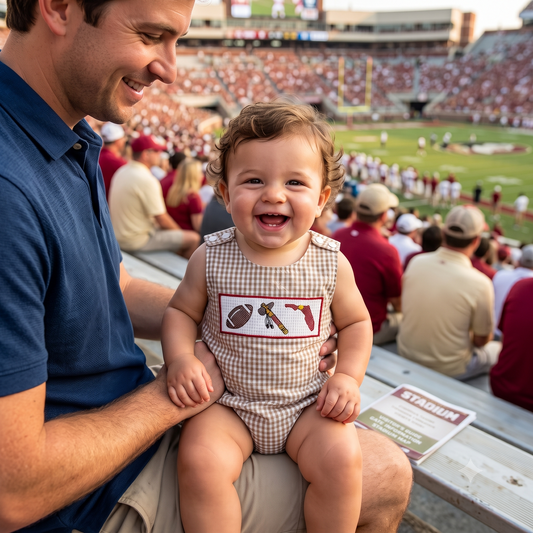 A happy baby boy sitting on his dad's lap in stadium bleachers, wearing a tan gingham smocked bubble romper featuring embroidered football, spear, and garnet state outline details.