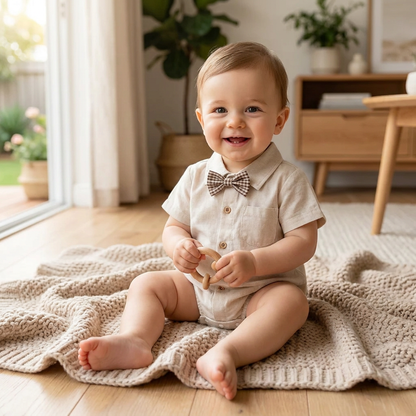 Smiling baby boy sitting on a knit blanket wearing the off-white gentleman shirt romper.