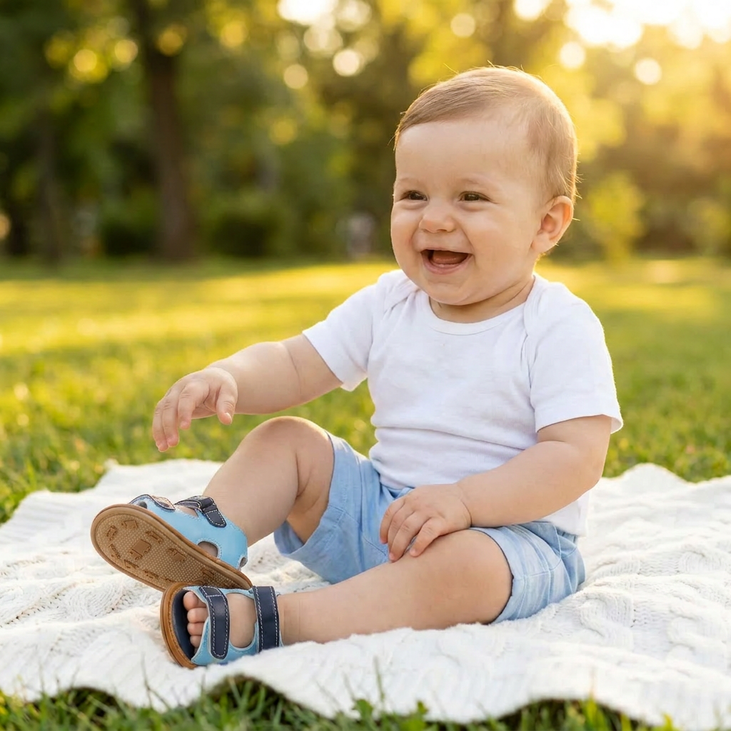 Happy baby boy sitting on a blanket in the park wearing light blue and navy summer sandals.