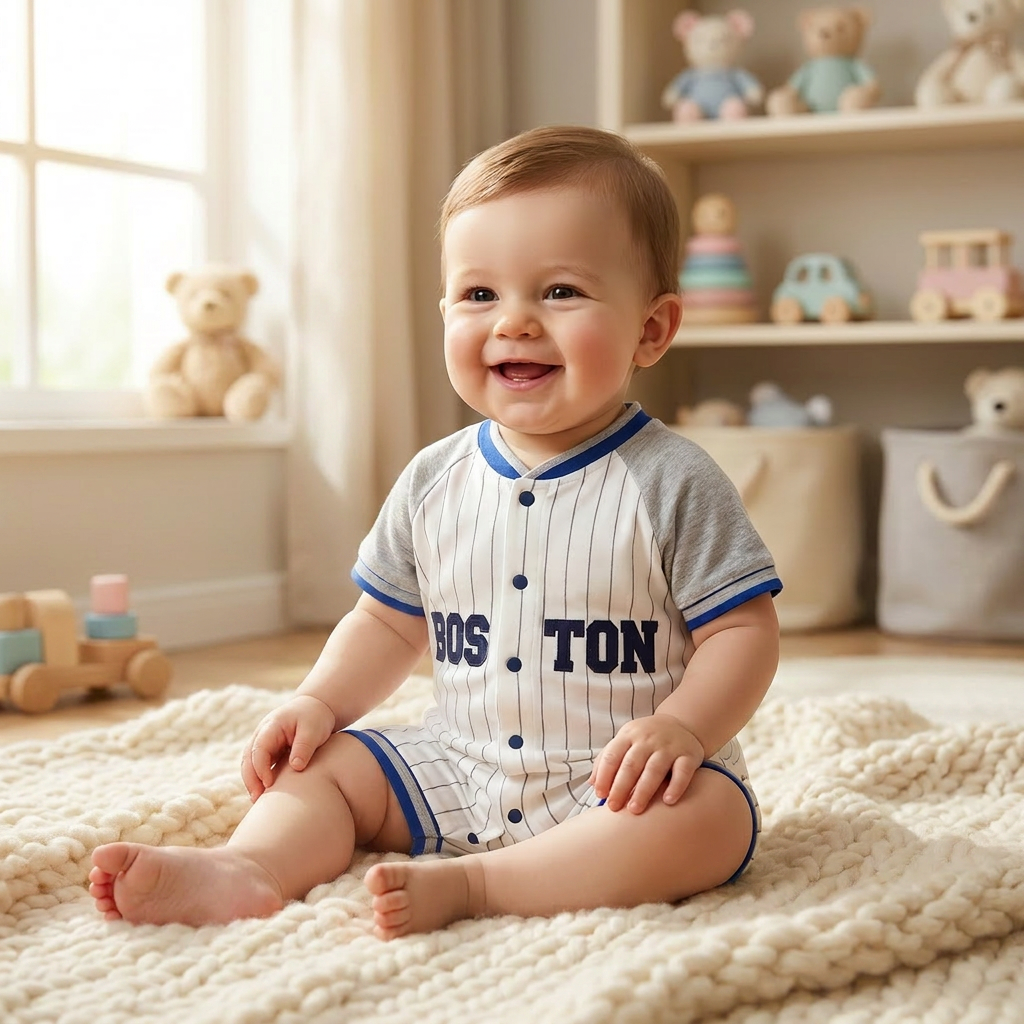 Baby boy wearing Boston baseball shortalls while sitting on a blanket