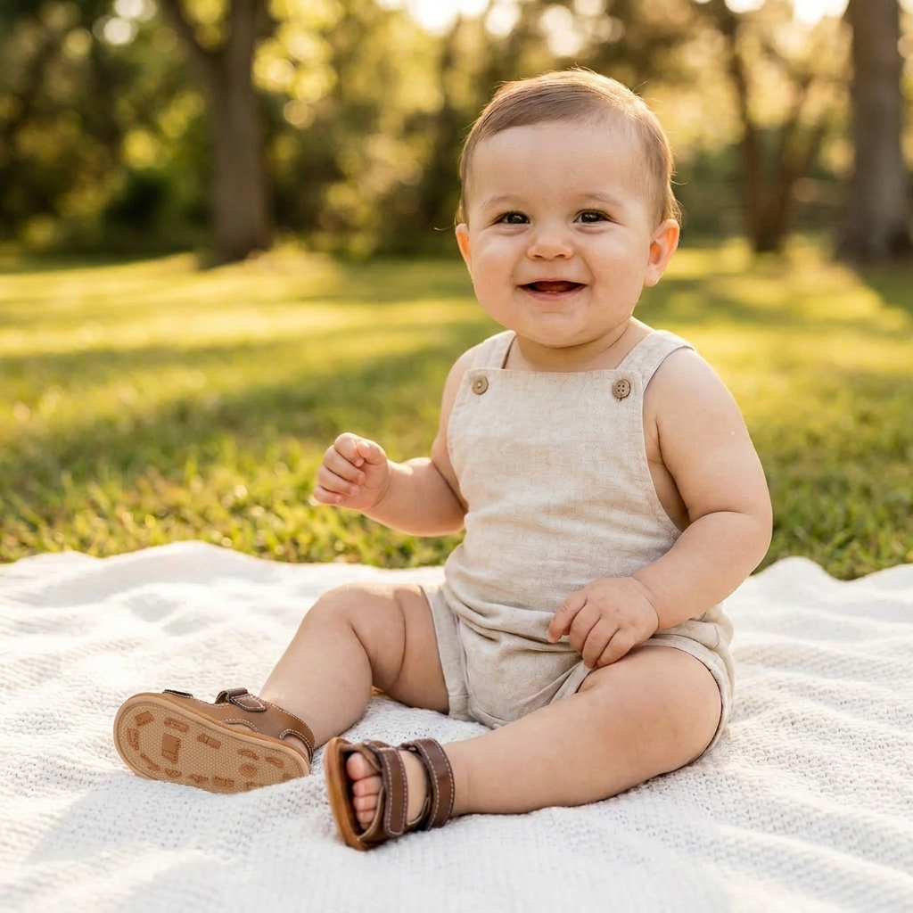 Smiling baby boy sitting in the grass wearing brown soft sole first walker sandals.