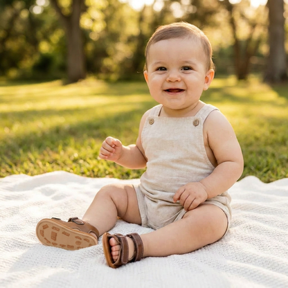 Smiling baby boy sitting in the grass wearing brown soft sole first walker sandals.