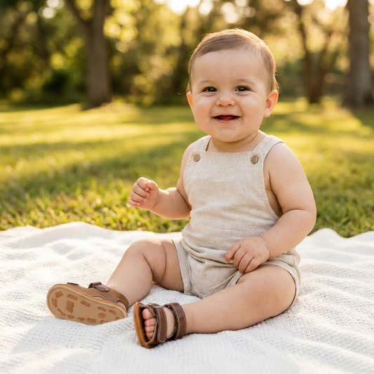 Smiling baby boy sitting in the grass wearing brown soft sole first walker sandals.