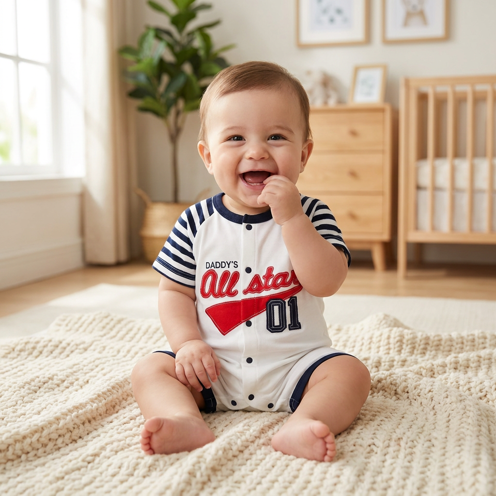 Happy baby boy sitting on a nursery rug wearing the short sleeve Daddy's All Star baseball romper.
