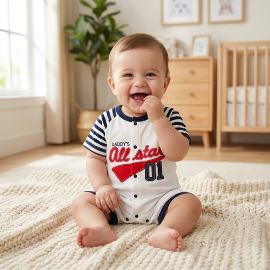 Happy baby boy sitting on a nursery rug wearing the short sleeve Daddy's All Star baseball romper.