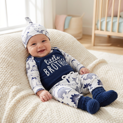 Smiling baby boy wearing a navy blue little brother long-sleeve bodysuit, dinosaur print pants, and matching hat while lying on a soft cream blanket in a nursery.