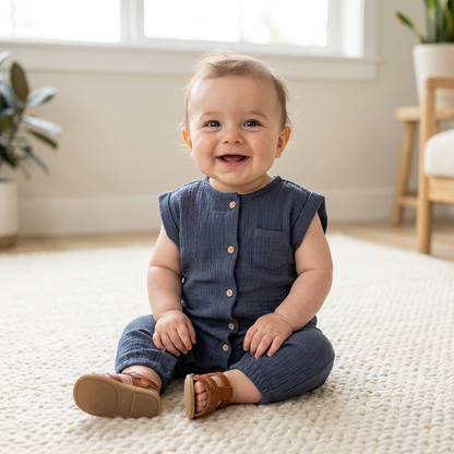Smiling baby boy sitting on the floor wearing the navy blue cotton muslin infant jumpsuit featuring rolled cap sleeves.