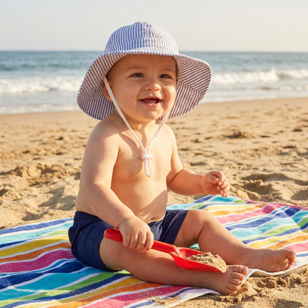Smiling baby boy sitting on a beach towel wearing the kidsely navy blue striped adjustable sun hat for sun protection.