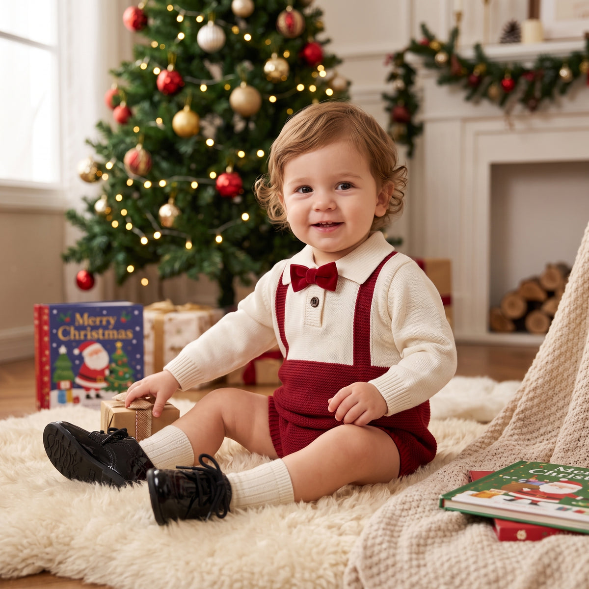 A happy baby boy sitting on a fluffy rug in front of a Christmas tree, wearing a red and cream knit suspender romper with a bow tie.