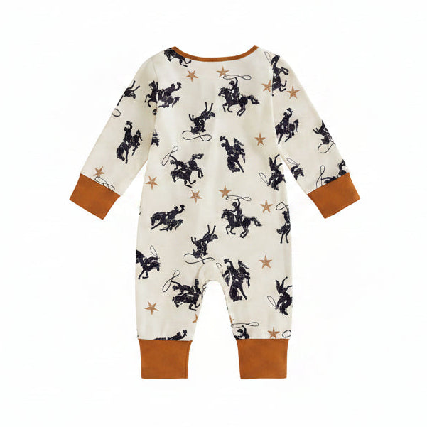 Full back view of the baby boy long sleeve western romper displaying the all-over cowboy and lasso print on a plain white background.