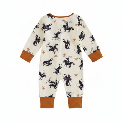 Full back view of the baby boy long sleeve western romper displaying the all-over cowboy and lasso print on a plain white background.