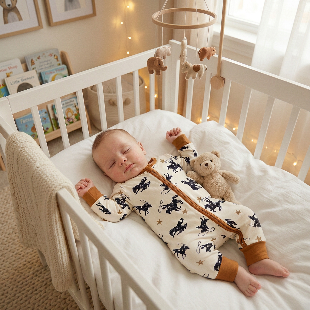 A baby boy sleeping peacefully in a white crib wearing a long sleeve lone star cowboy print zipper romper, styled with a plush teddy bear and a nursery mobile.