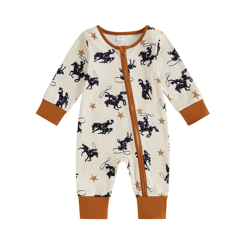 Full front view of the baby boy long sleeve western zipper romper with lone star cowboy print on a white background.