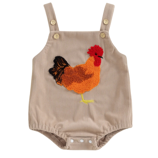 Baby boys corduroy romper with a farmhouse rooster design on a white background