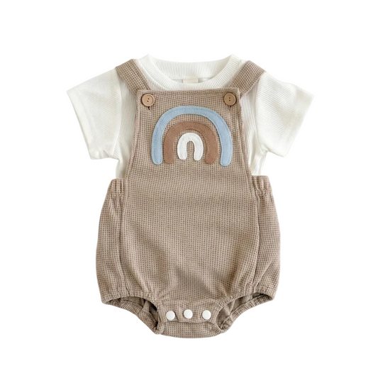 Gender neutral waffle knit Baby romper with rainbow design on a white background