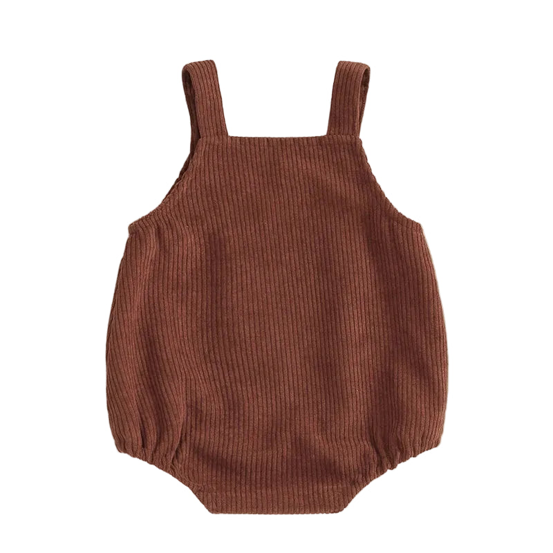 Back view of brown baby corduroy overall bubble romper showing shoulder straps and elastic waist