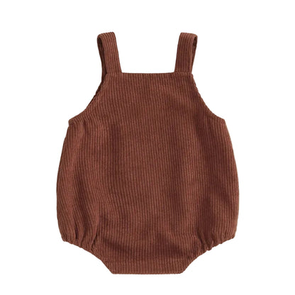 Back view of brown baby corduroy overall bubble romper showing shoulder straps and elastic waist