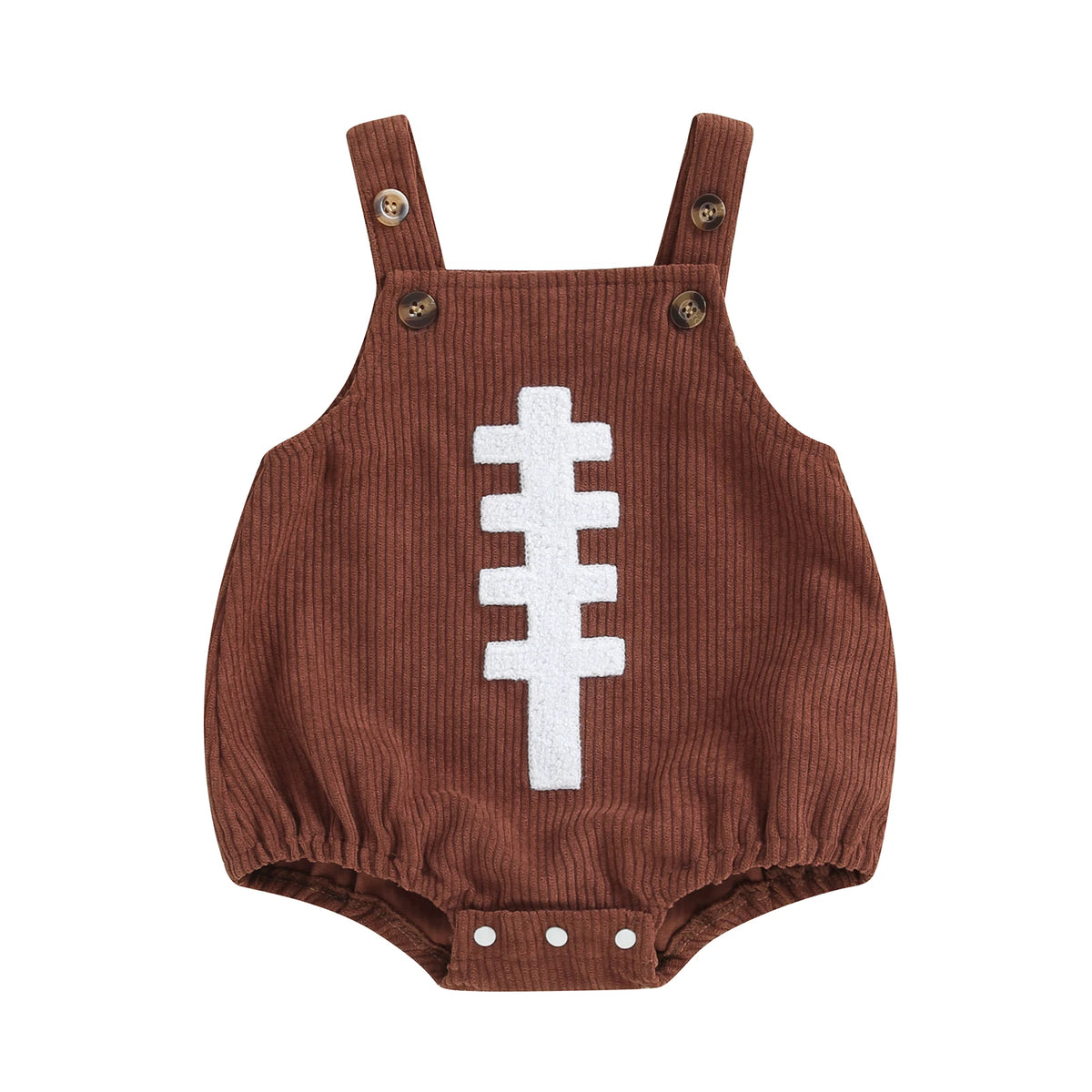 Brown baby corduroy overall bubble romper with white embroidered football laces