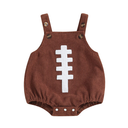 Brown baby corduroy overall bubble romper with white embroidered football laces