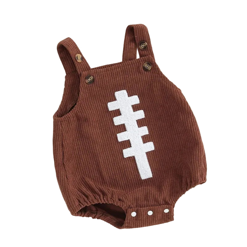 Front view of brown baby football embroidered corduroy bubble bodysuit