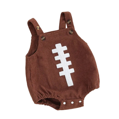 Front view of brown baby football embroidered corduroy bubble bodysuit