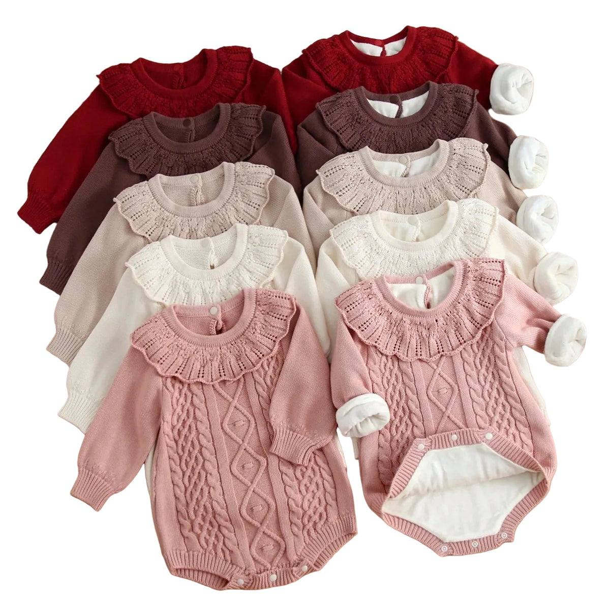 Kidsely collection of baby girl cable knit rompers shown stacked together in red, cocoa, pink, taupe, and cream.