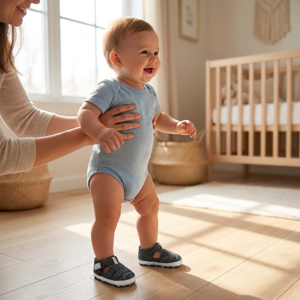 A baby taking first steps indoors wearing dark gray black canvas sandals, supported by an adult's hands.