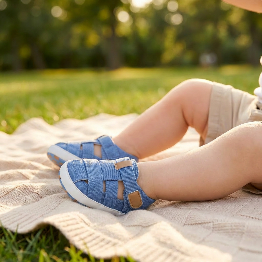 A baby wearing blue soft sole canvas sandals sitting outdoors on a blanket in the grass.